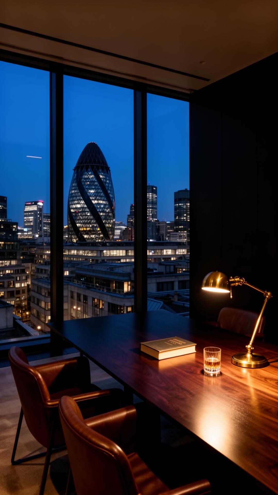 A top-floor City of London office at dusk, the Gherkin framed through floor-to-ceiling glass.